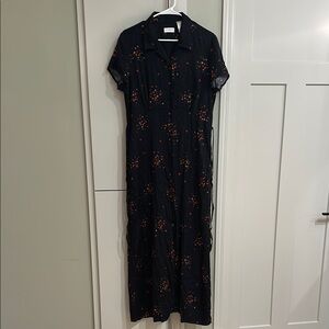 Liz Claiborne Black Maxi Shirt Dress with Red and Orange Floral Print